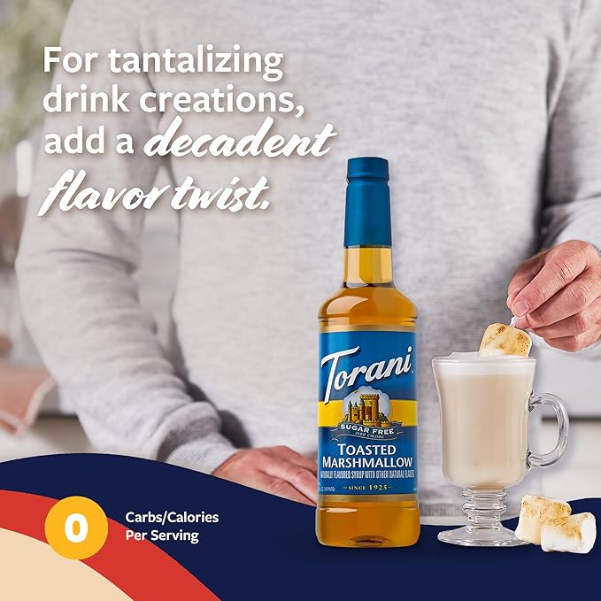 Torani Sugar Free Coffee Syrup, Toasted Marshmallow Flavored Syrup for Drinks, Zero Calorie, Pump Included, 25.4 Fl Oz