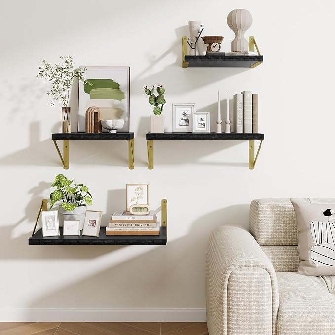 Deep Wall Shelves 30"W x 12"D Engineered Wood Floating Shelves for Wall, Sturdy Metal Bracket(Gold) Bookshelves Home Decor Storage for Living Room Bedroom Bathroom Kitchen, Set of 2, Black Finish