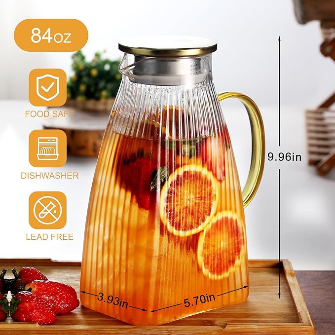 2.5L 86 OZ Glass Pitcher with Lid and Handle for Fridge,Large Hot Cold Water Carafe for Cold Brew.Coffee,Lemonade,Iced Sun Tea,Beverage,Milk,etc,heat-resistant borosilicate glass water jug
