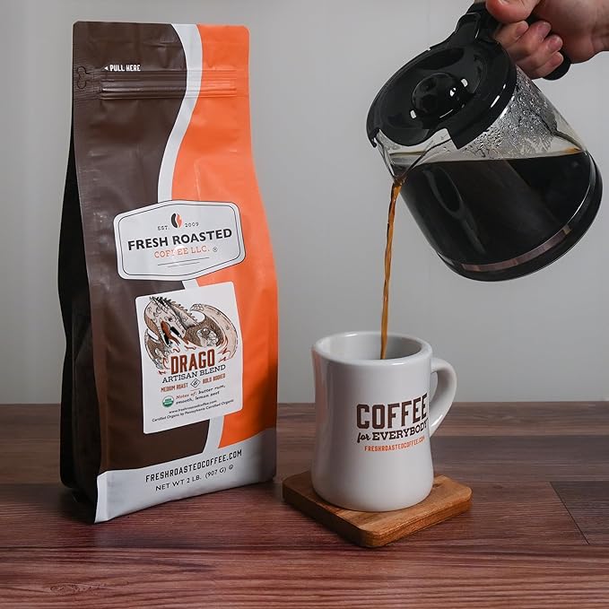 Fresh Roasted Coffee, Organic Drago Café Blend | USDA Organic, Kosher | Medium Roast 2 lb (32 oz) Ground