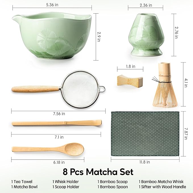 Matcha Whisk Set, Handcrafted Crystalline Glaze Matcha Set, 8 Pcs Matcha Kit Includes Matcha Bowl, Whisk with Holder, Bamboo Scoop & Spoon, Sifter and Tea Towel, Ceremonial Matcha Tea Set