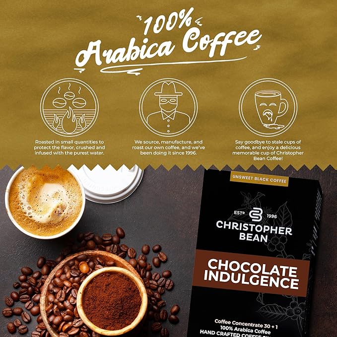 Christopher Bean Coffee - 396 servings, 30 to 1 Blend Bag in Box Liquid Instant Coffee or Cold Brew Coffee Concentrate - Hot or Iced Coffee - Chocolate Indulgence