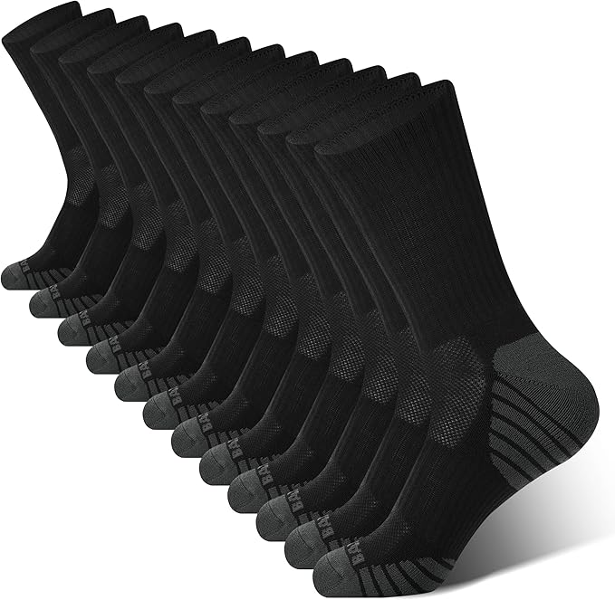 BAMBOO COOL Men's Crew Socks Athletic Running Sports Socks, Cushioned Moisture Wicking, Breathable Arch Support 6 Pack