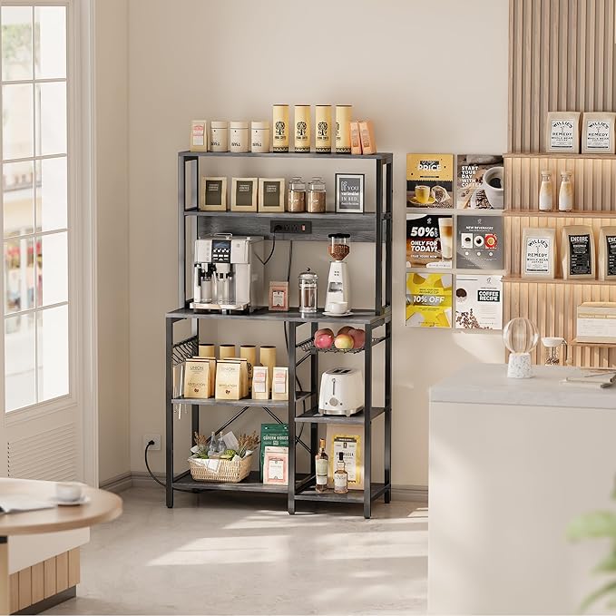 SUPERJARE Bakers Rack with Power Outlet, 35.4 Inches Coffee Bar with Wire Basket, Kitchen Microwave Stand with 6 S-Shaped Hooks, Open Storage Shelves, Charcoal Gray