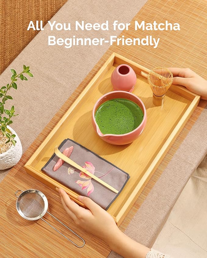 Maestri House Pink Matcha Whisk Set, 7-Pc Complete Matcha Kit with Spouted Ceramic Bowl, Bamboo Whisk and Holder, Scoop, Spoon Rest & Sifter, Tea Cloth – Ideal Gift for Matcha Lovers (Pink)