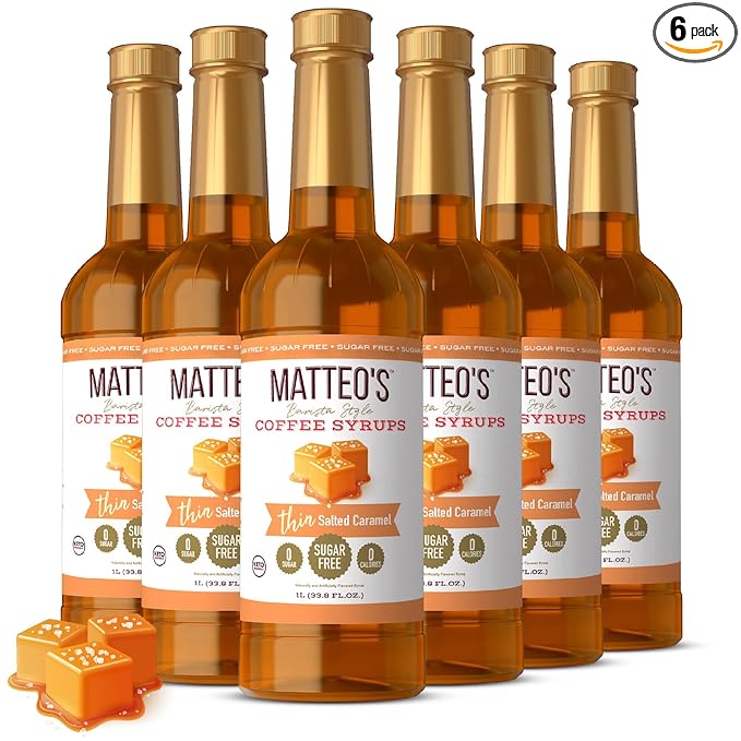 Matteo's Salted Caramel Syrup for Coffee, Lattes, Cappuccinos & Desserts – Sugar-Free Sweetener for Beverages, Keto Friendly, Zero Calories, Indulgent Flavor, Non-Alcoholic, 33.8oz (6pk)