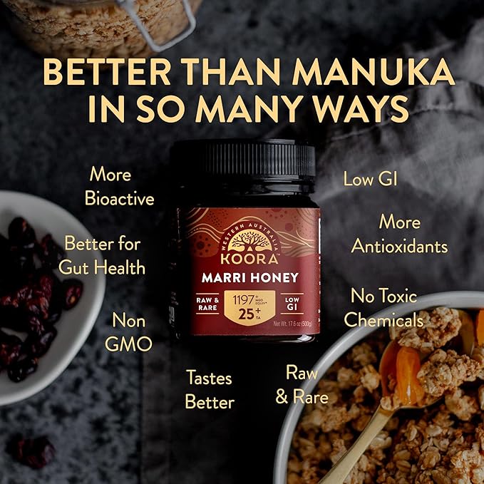 KOORA Marri Honey TA 25+ (MGO 1197+ Manuka Honey Rating Equiv.) Low GI, Raw Medicinal Honey for Daily Health & Immune Support, from the Ancient Wild Forests of Western Australia, 8.8 oz