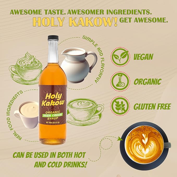 Holy Kakow Organic Irish Cream Syrup - Coffee Syrup, Liquid Sugar Coffee Flavoring Syrup, Cane Sugar Syrup, Liquid Sugar for Iced Coffee, Irish Cream Syrup for Coffee, All-Natural, Non-GMO - 750 ml