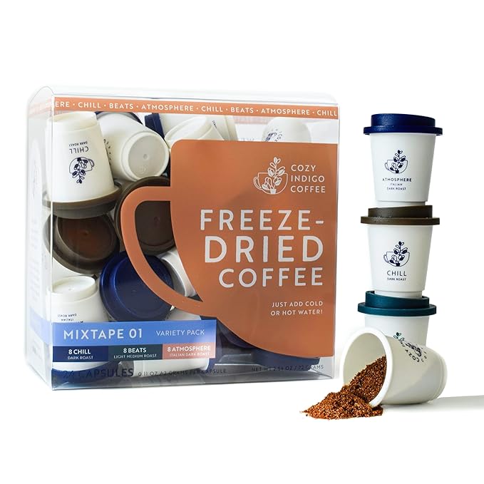 COZY INDIGO COFFEE - MIXTAPE 01 Instant Freeze Dried Specialty Coffee, 3 Flavor Variety Pack, Medium, Dark, Italian Roasts, 24 Capsules, 100% Arabica, Enjoy Cold or Hot, Perfect for Travel and On The Go