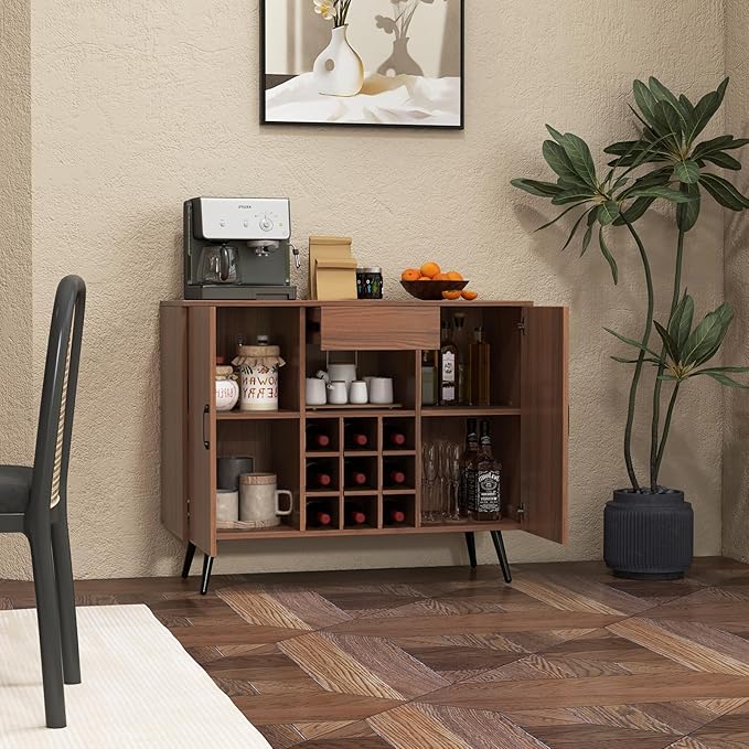 Buffet Cabinet with Storage, Sideboard Cabinet with Drawer & Removable Wine Rack, Kitchen Storage Cabinet with Doors and Shelves, Bar Cabinet for Kitchen, Dining Living Room, Entryway, Walnut