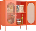 Small 2 Transparent Door Metal Storage Side Buffet Cabinet for Bed Room,Living Room,Entryway,Hallway,Home,Hotel,Office,Garage,Kitchen,1 Removable Shelf. (Mesh Door, Orange)