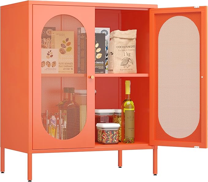 Small 2 Transparent Door Metal Storage Side Buffet Cabinet for Bed Room,Living Room,Entryway,Hallway,Home,Hotel,Office,Garage,Kitchen,1 Removable Shelf. (Mesh Door, Orange)