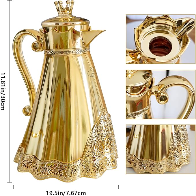 Luxury Arabic Style Insulated Thermal Coffee Carafe,34 oz,Coffee Pot,Arabian Style Vacuum Thermal Carafe Insulated Flask for Tea and Hot Cold Drink,Moving and housewarming blessings (Gold)