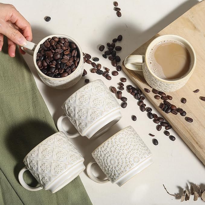 6 Oz Coffee Cups Set of 4, Stackable Coffee Mugs with Stand, Ceramic Cappuccino Cup, Embossed Espresso Cups for Latte, Tea, Cocoa, Mocha, Housewarming Present, Dishwasher Safe