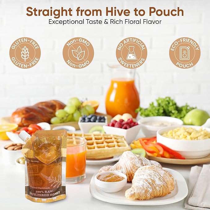 Raw Honey Organic Unfiltered, 16oz Pouch - Unpasteurized Hardwood Hammock Natural Raw Honey by Islamorada Company