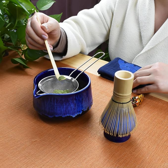 Artcome Matcha Tool Set - Complete Kit with Matcha Bowl with Spout, Bamboo Whisk, Tea Scoop, Whisk Holder, Scoop Holder, Tea Cloth & Powder Strainer, Glaze Blue