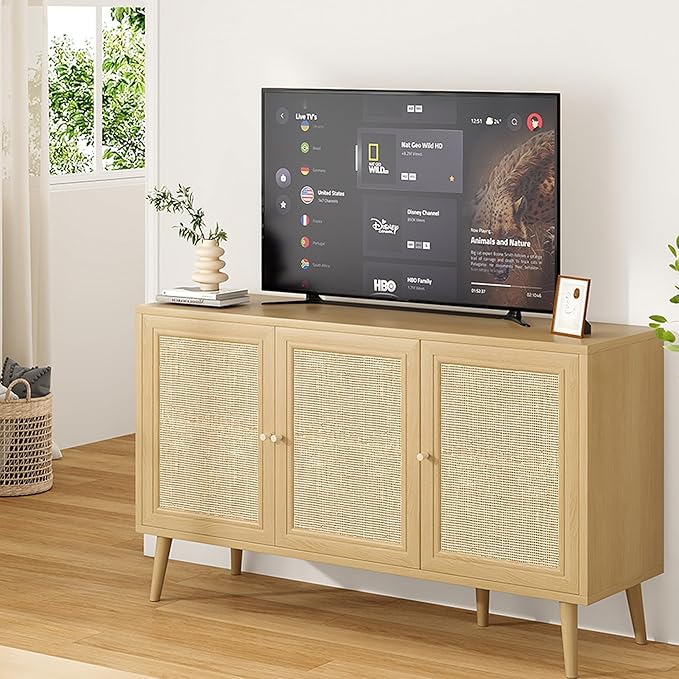 47.2" Buffet Cabinet with Storage Accent Sideboard, Modern Kitchen Cabinet with Rattan Doors, Wood Coffee Bar Table Console for Kitchen Living Room Entryway, Khaki