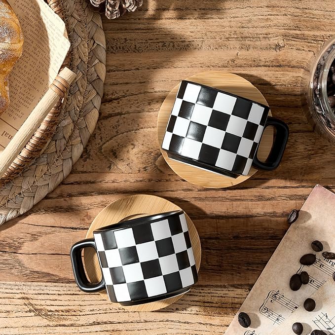 LUKA Porcelain Stackable Black and White Checkered Espresso Cups with Saucers and Metal Stand, 4 Ounce Small Ceramic Demitasse Cups Set for Coffee Drinks, Latte, Tea - Set of 4, Black Interior