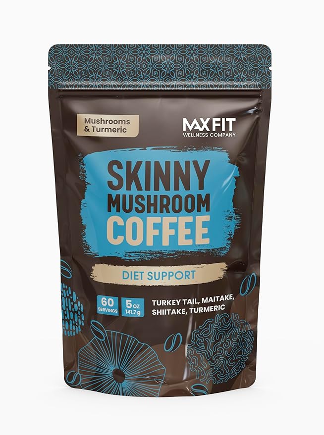 Skinny Instant Mushroom Coffee (60 Servings) Mental Focus Plus Diet Support - Turkey Tail, Maitake, Shiitake & Turmeric, Mixed With Gourmet 100% Arabica Medium Roast Instant Coffee