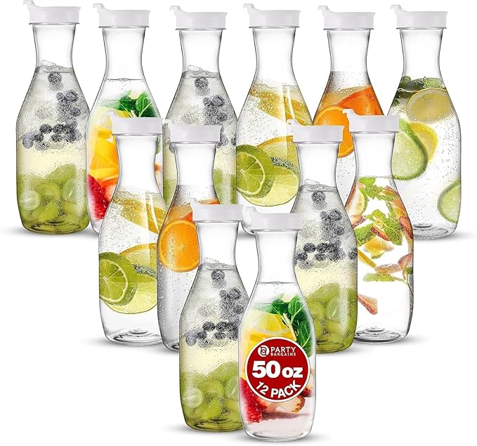Party Bargains 50 oz. Plastic Carafe with Lids - Clear, 12 Count, White Flip Tab Lid Premium Quality & Heavy Duty Plastic Pitcher for Iced Tea, Powdered Juice, Cold Brew, Mimosa Bar