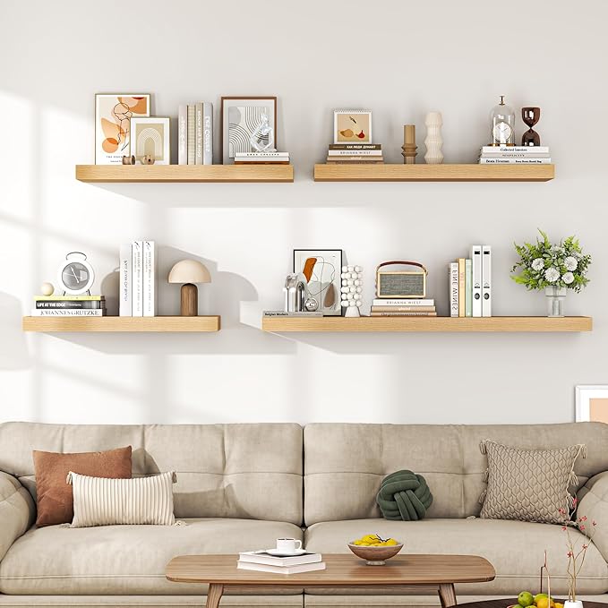 Dreamland 36" Floating Shelves for Wall, 12" Deep Thicker Oak Floating Shelves, Wall-Mounted Shelves for Bedroom, Living Room, Kitchen, Bathroom - Set of 2