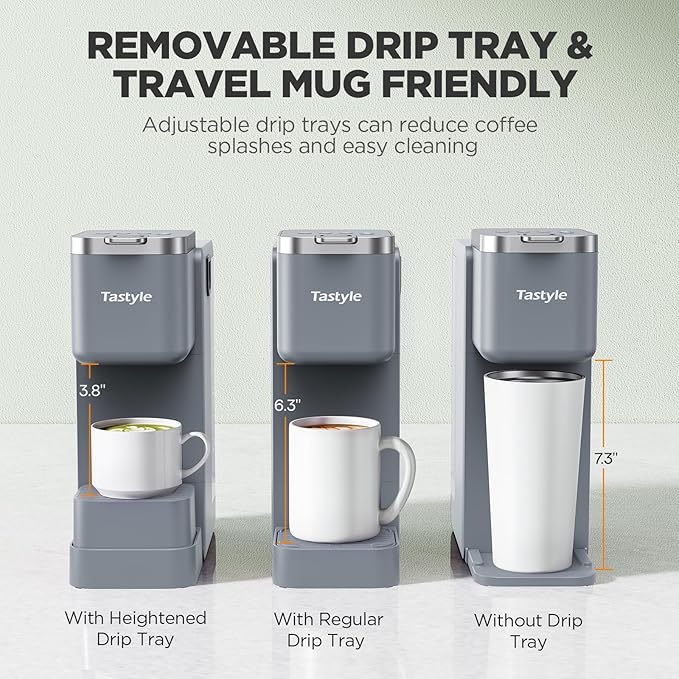 Single Serve Coffee Maker with Built-in Detachable Milk Frother, Iced and Hot Coffee Machine for K Cup & Grounds, 40oz Removable Water Reservoir, 6 Cup Sizes, Fits 7.3" Travel Mug, Gray