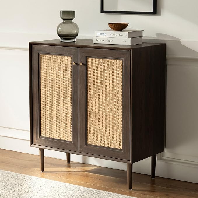 Natural Rattan Cabinet Sideboard with Storage, Boho Free Standing Buffet Kitchen Coffee Bar Accent Cabinet Farmhouse Credenza for Entryway, Living Room (Square Doors/Brown)