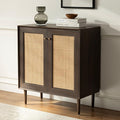 Natural Rattan Cabinet Sideboard with Storage, Boho Free Standing Buffet Kitchen Coffee Bar Accent Cabinet Farmhouse Credenza for Entryway, Living Room (Square Doors/Brown)