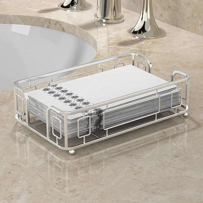 Guest Towel Holder Tray for Bathroom – Silver Napkin Holder for Disposable Paper Hand Towels, Vanity Countertop Hand Towel Organizer, Modern Bathroom Accessory for Guest Napkins