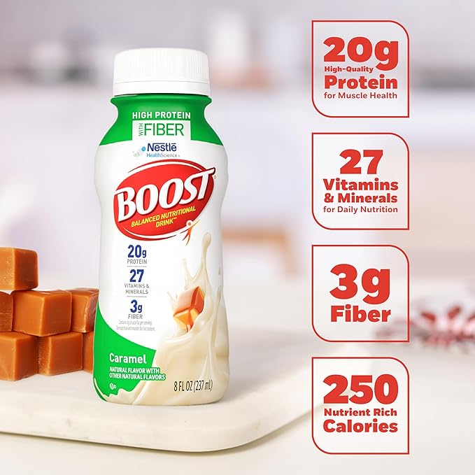 BOOST High Protein with Fiber Ready to Drink Complete Nutritional Drink, Caramel, 8 fl oz Bottle, 24 Pack