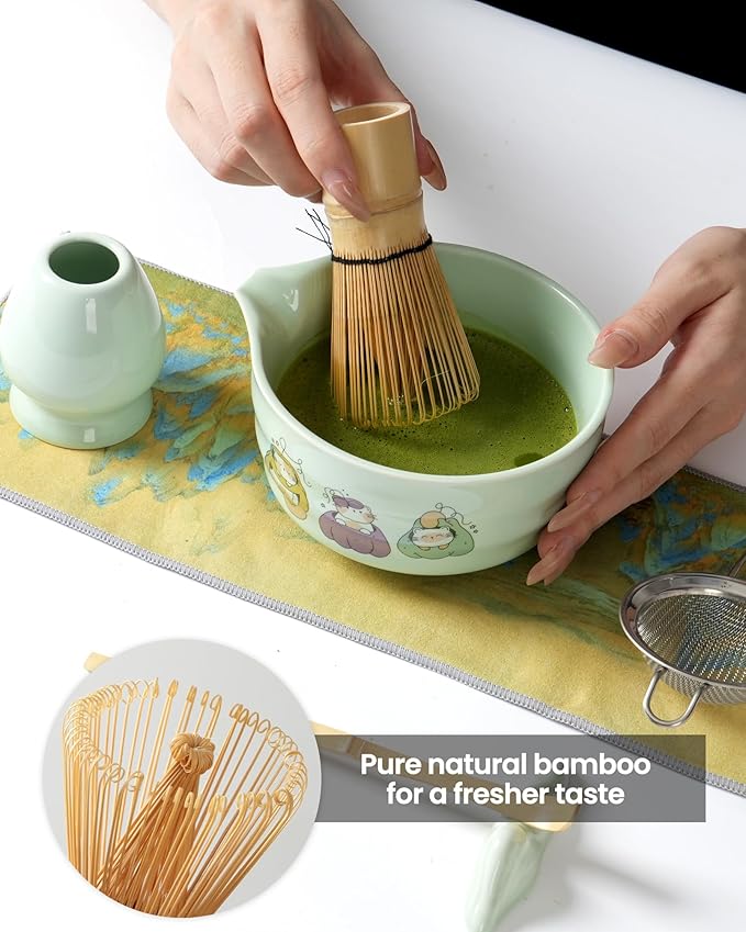 Matcha Whisk Tea Set Kit Japanese Matcha Kit - Matcha Bowl, Matcha Whisk and Holder, Bamboo Scoop, Scoop Rest, Sifter and Tea Towel - for Tea Ceremony Breakfast Lattes - Home Kitchen Christmas(Green)