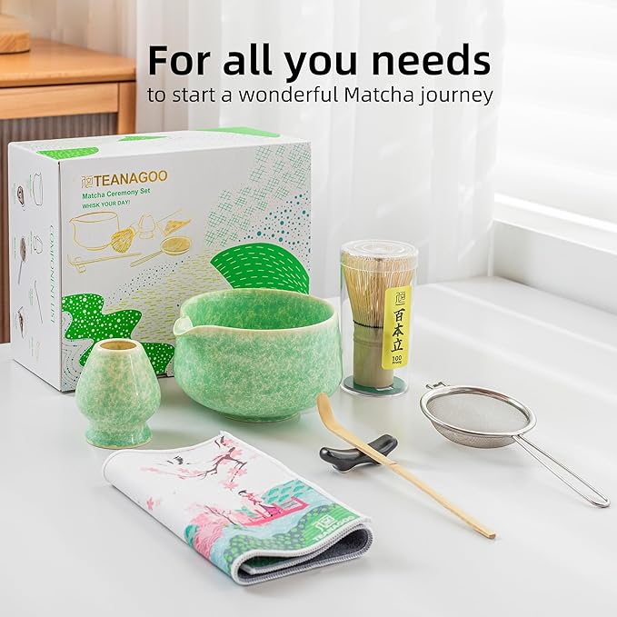 TEANAGOO Matcha Whisk Set,7 Pcs Matcha Set Green,Ceremony Matcha Kit,Matcha Tea Set for Making Latte,Ceramic Bowl(chawan) whith Spout and Whisk,Gift for Matcha Lovers