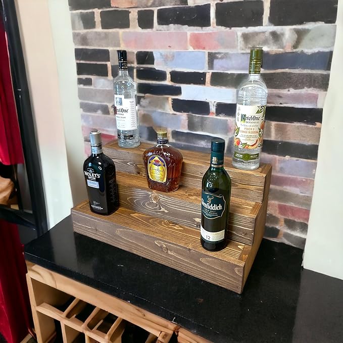 Handmade Tiered Display Shelving - Three Tier Bar Display - Bar Organizer - Liquor Bottle Display (24" with Back, Special Walnut)