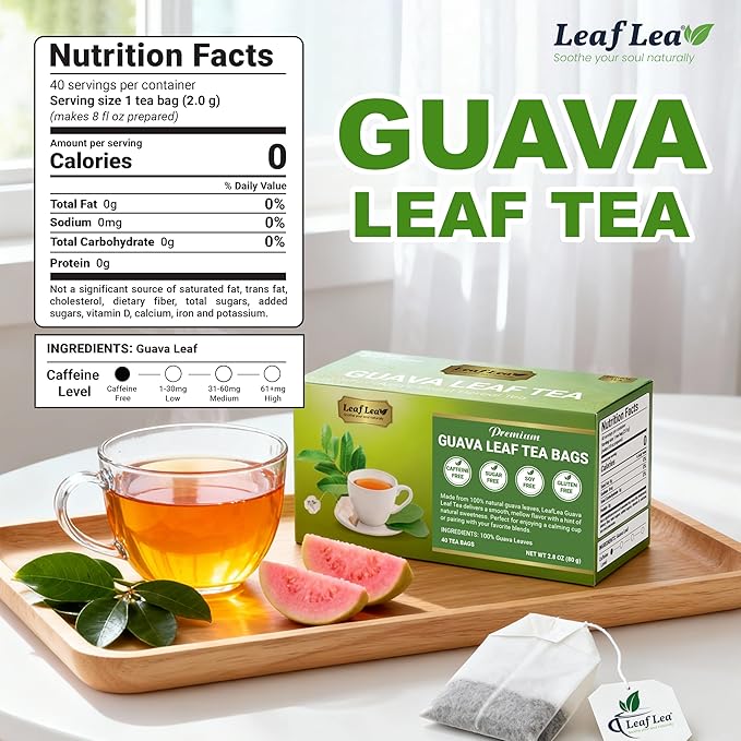 LeafLea Guava Leaf Tea, 40 Individually Wrapped Tea Bags, Made from 100% Natural Guava Leaves (Hojas De Guayaba), Supports Digestion & Wellness, Caffeine-Free, Sugar-Free, Vegan, Non-GMO