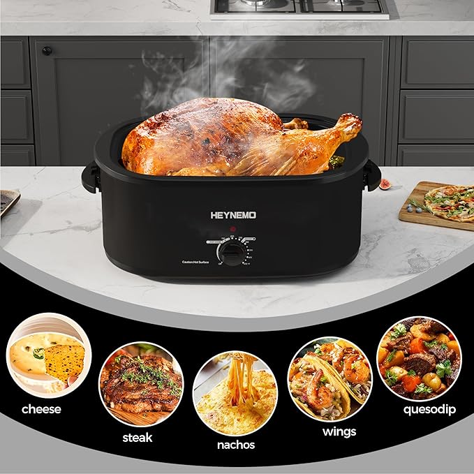 HEYNEMO Roaster Oven 24Qt, 1450W Electric Turkey Roaster Oven Buffet with Self-Basting Lid, Cool-Touch Handles, Removable Pan and Rack, Stainless Steel, Black