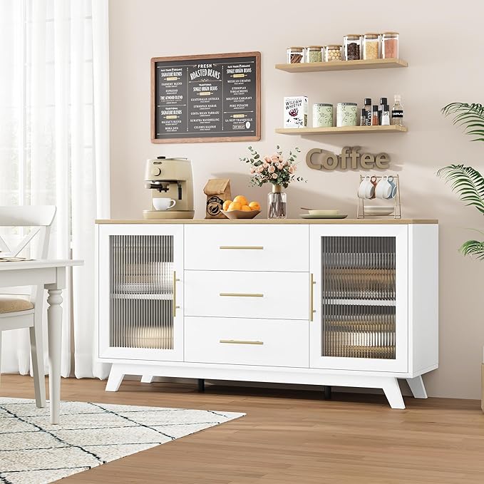 GarveeHome 56 Inch Buffet Cabinet Sideboard with Fluted Glass Doors and Gold Handles, Modern Sideboard Storage with Adjustable Shelves, Coffee Bar Cabinet for Kitchen Dining Room Living Room Entryway
