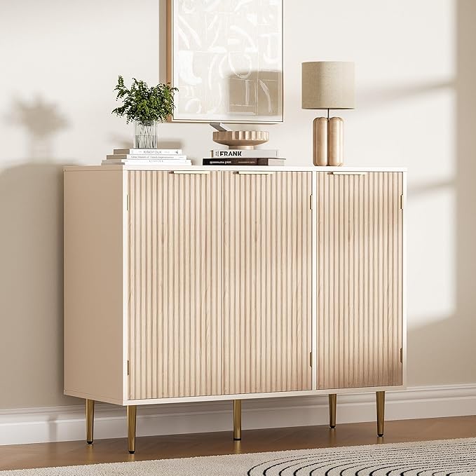 Fluted Sideboard Buffet with 3 Doors, Modern Accent Cabinet with Adjustable Shelves, Kitchen Storage Cabinet with Golden Handles, Coffee Bar for Kitchen, Living Room, Oak