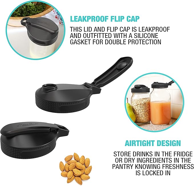 Masontops Multi Top - 2PK - Wide Mouth Mason Jar Lids with Pour Spout and Flip Cap – Sip, Pour, Store & More - Jar Not Included