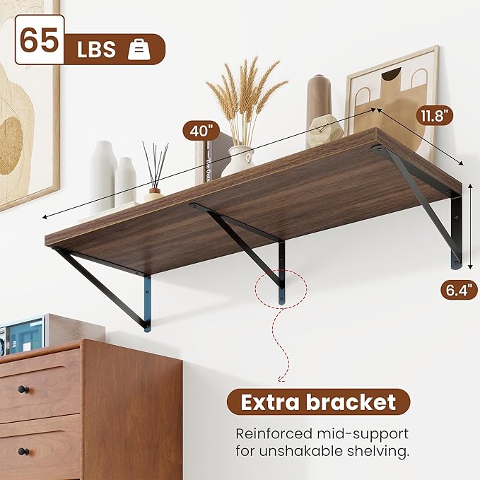 Deep Wall Shelves 40"W x 12"D Engineered Wood Floating Shelves for Wall, Sturdy Metal Bracket Bookshelves Home Decor Storage for Living Room Bedroom Bathroom Kitchen, Set of 2, Walnut Finish