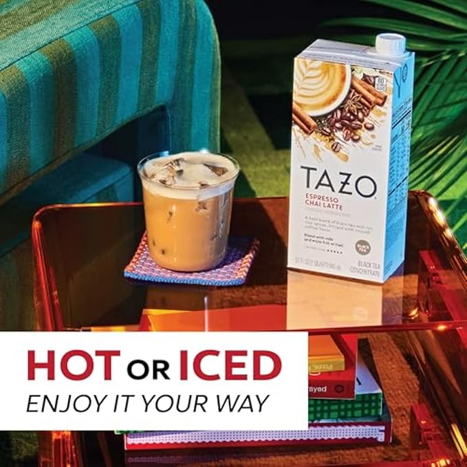 TAZO Espresso Chai Latte, Black Tea Concentrate, Easy to Serve Espresso Chai Tea for Everyday Cafe Style Lattes, Hot or Iced Coffee-like experience, Barista Approved, 32oz Tea Mix Carton