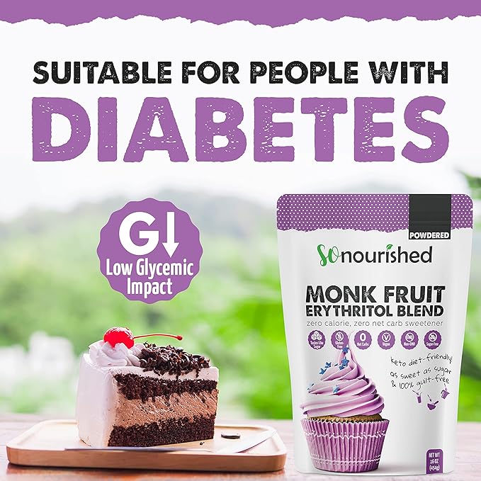 So Nourished Powdered Monk Fruit Sweetener with Erythritol, 1:1 Sugar Substitute, Keto, 0 Calorie, 0 Net Carb, Non-GMO (1 Pound)