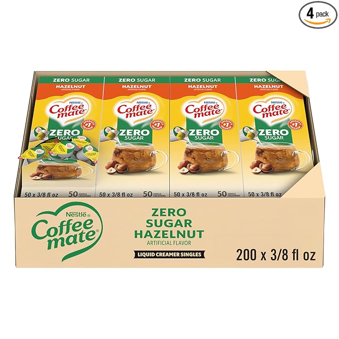 Nestle Coffee mate Coffee Creamer, Zero Sugar Hazelnut, Liquid Creamer Singles, Non Dairy, No Refrigeration, 0.375 fl oz Tubs (Pack of 200)