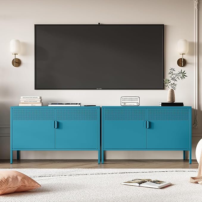 Metal Storage Cabinet with Doors,Blue Accent Cabinet,Metal Locker Storage Cabinets,2 Door TV Media Stand with Removable Shelves for,Home,Office,Entryway,Living Room