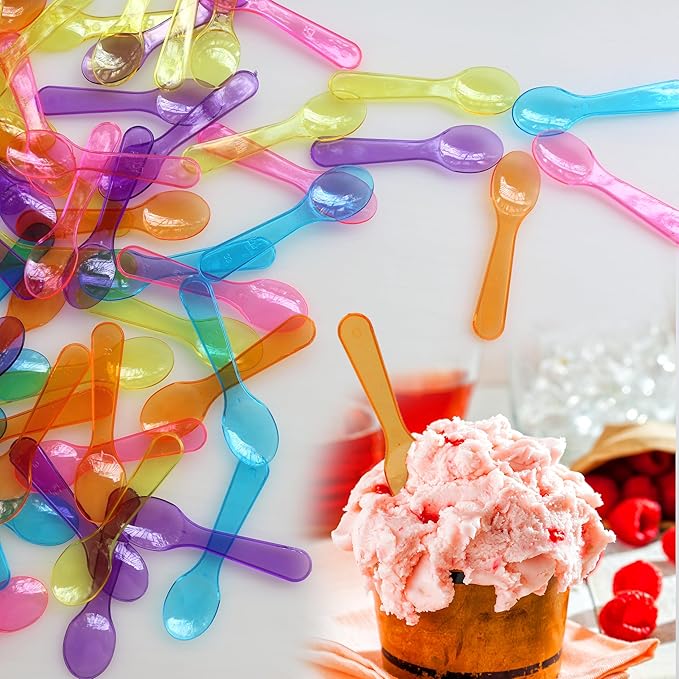 100 PCS 3 Inch Mixed Color Mini Spoons Disposable Plastic Spoons for Kids, Tasting Samples, DIY Crafts, with Multi Color, Durable, Compatible with Ice Cream, Dessert & Yogurt