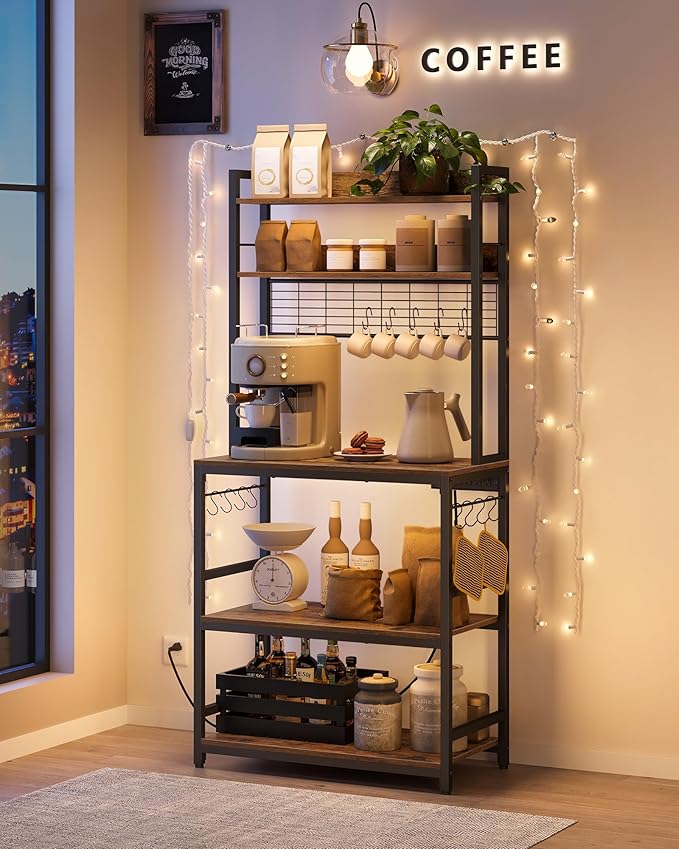 VASAGLE Bakers Rack with Power Outlet, Microwave Stand, Kitchen Tall Utility Storage Shelf, with Metal Wire Panel, 14 Hooks, 15.7 x 31.5 x 66.9 Inches, Rustic Brown and Ink Black UKKS025B01