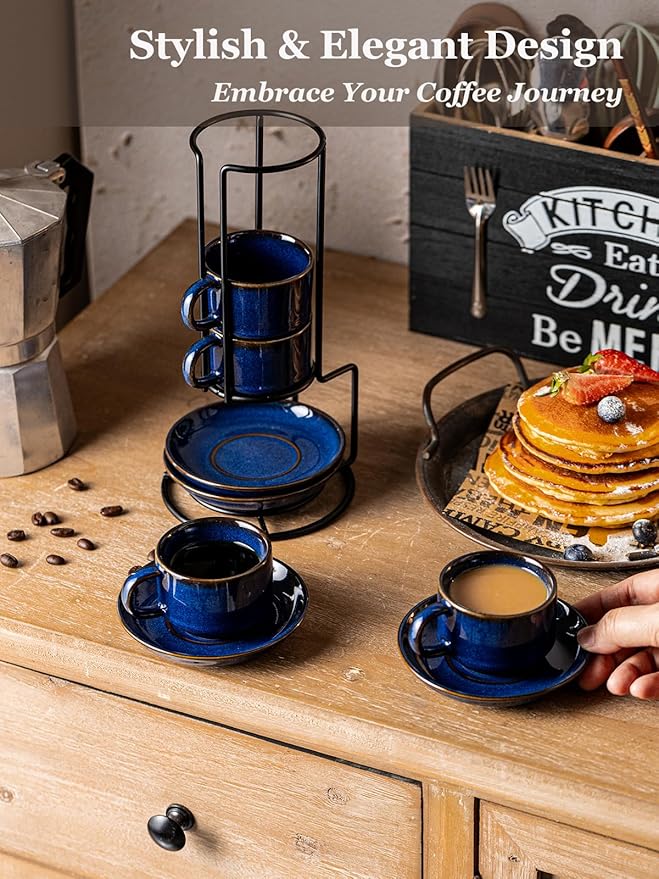 Gomakren 2.5 Ounce Espresso Cups Set of 4, Small Stackable Coffee Cups with Saucers and Metal Stand, Christmas Porcelain Demitasse Cups for Specialty Coffee Drinks, Espresso, Cappuccino, Cobalt Blue