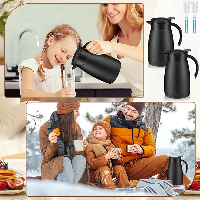 Uiifan 2 Pcs 25 Oz Thermal Coffee Carafe Stainless Steel Insulated Vacuum Coffee Carafes Double Walled Vacuum Thermal Pot Flask with Brushes for Keeping Cold Hot Tea Water Milk Home Office (Black)