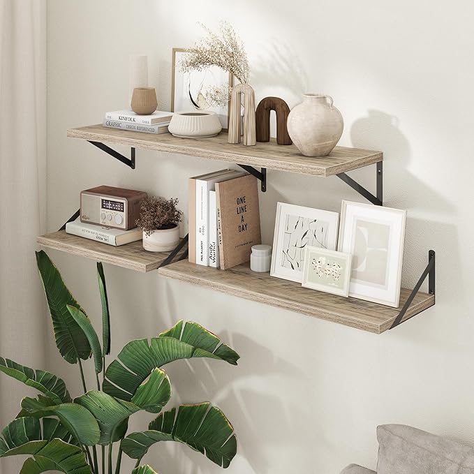 Axeman Deep Floating Shelves - 30 Inch Floating Shelves Set of 2-12 Inch Deep Grey Wood Wall Shelves for Living Room Bathroom Kitchen