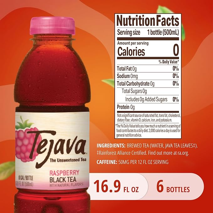 Tejava Raspberry Black Tea, 6 Pack 16.9 oz PET, Unsweetened, Ready-to-Drink Premium Iced Tea