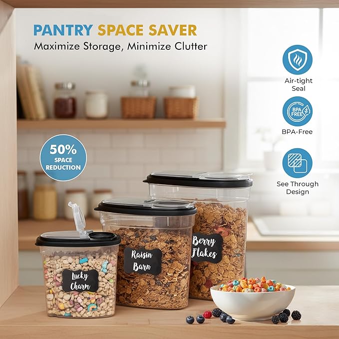Shazo 3 PC Cereal Container Storage Set (5.2L, 2.8L, 1.2L) - Large Airtight Food Storage Containers with Flip-Top Lids, BPA-Free Plastic Cereal Dispenser for Pantry, Rice, Flour, Sugar & Pasta